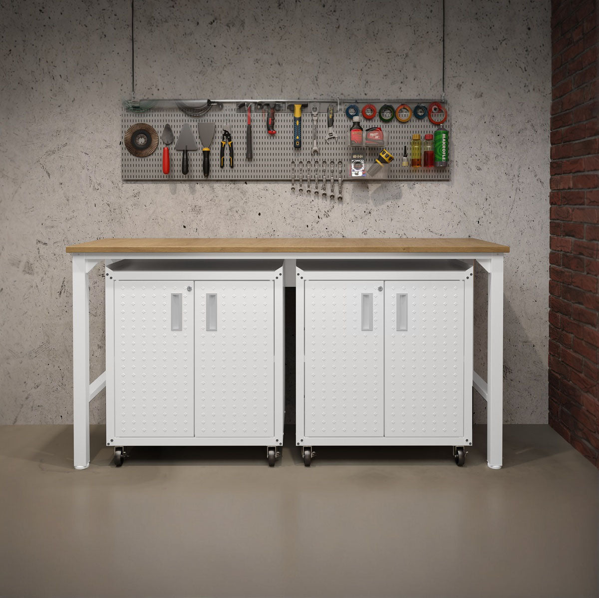 Garage Cabinet Sets with workbench, two white rolling cabinets, and pegboard tool organizer in modern workshop__White