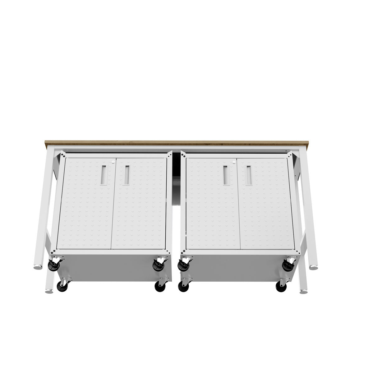 Garage Cabinet Sets with workbench top, 2 rolling white metal cabinets, 4 doors, caster wheels for mobile storage__White