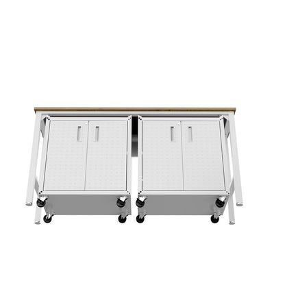 Garage Cabinet Sets with workbench top, 2 rolling white metal cabinets, 4 doors, caster wheels for mobile storage__White