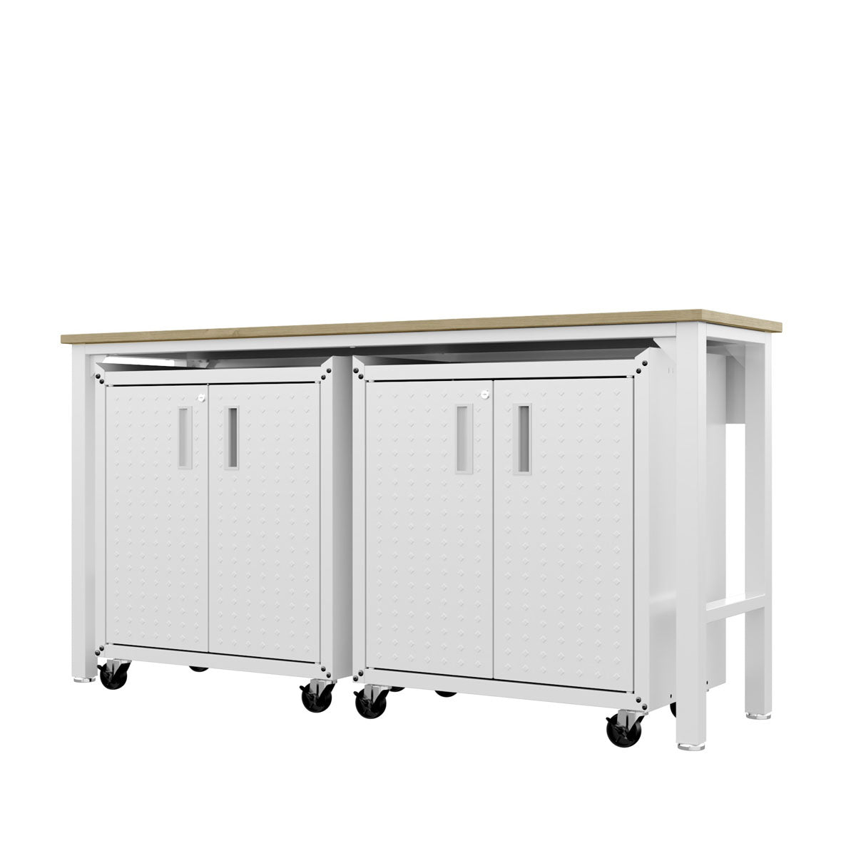 Garage Cabinet Sets with 2 rolling white storage cabinets and wood-top workbench, modern 3-piece garage organization system__White