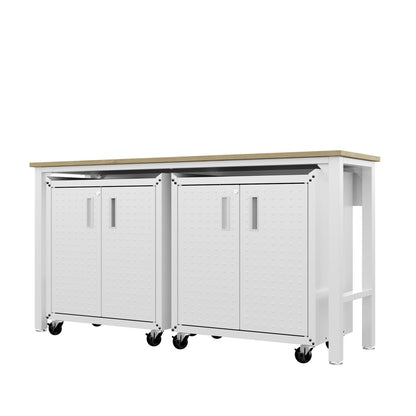 Garage Cabinet Sets with 2 rolling white storage cabinets and wood-top workbench, modern 3-piece garage organization system__White