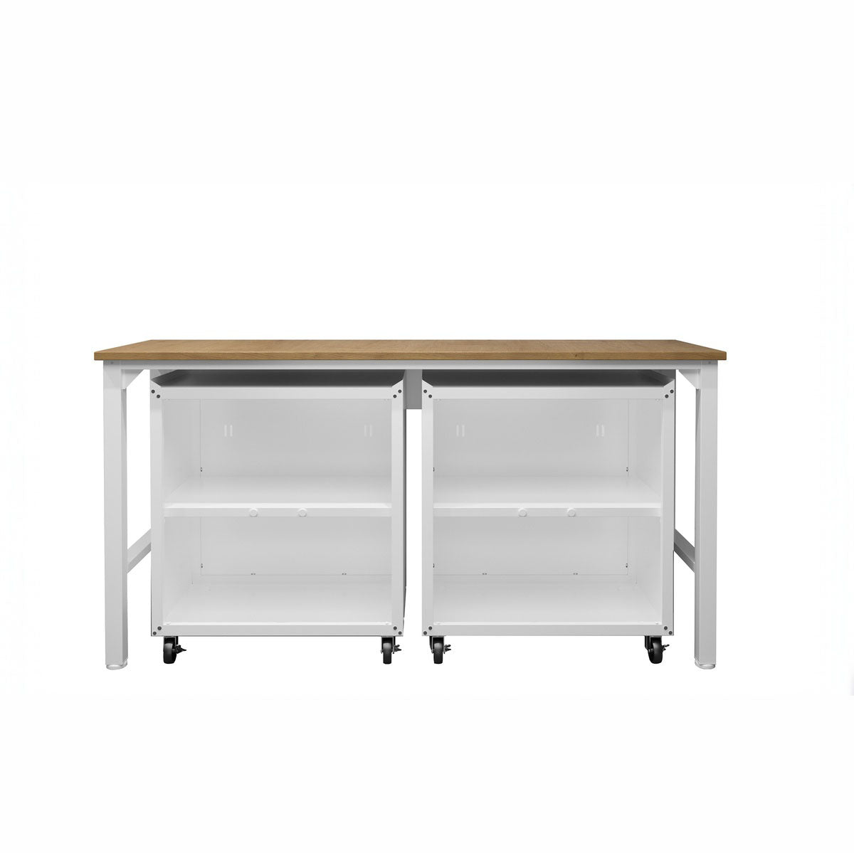 Garage Cabinet Sets with 2 open-shelf rolling units under a wide wood-top workbench, white steel frame__White