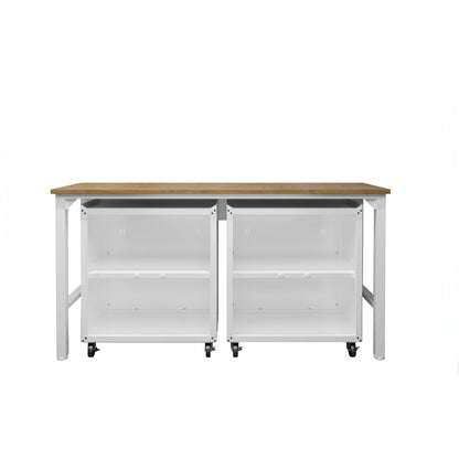 Garage Cabinet Sets with 2 open-shelf rolling units under a wide wood-top workbench, white steel frame__White