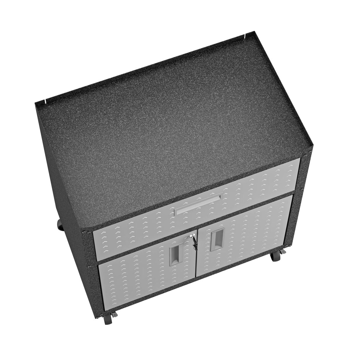 Garage Cabinet Sets with dark textured top, silver doors, drawer, dual lower cabinets, and caster wheels for easy mobility__DarkGray
