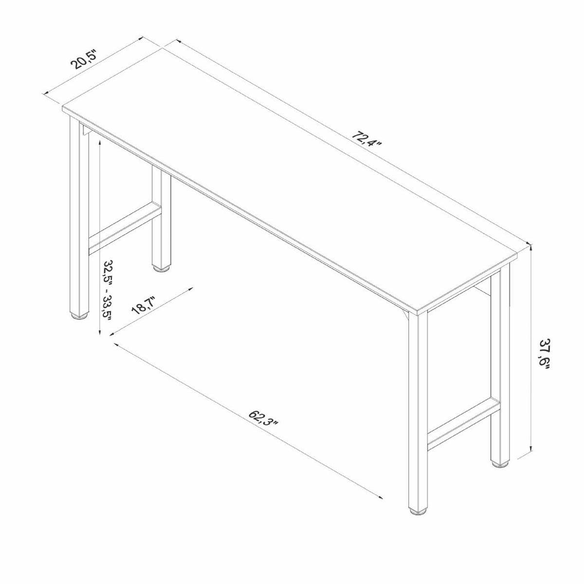 Garage Cabinet Sets technical diagram showing workbench dimensions: 72.4"L x 20.5"W x 37.6"H with adjustable height legs__All