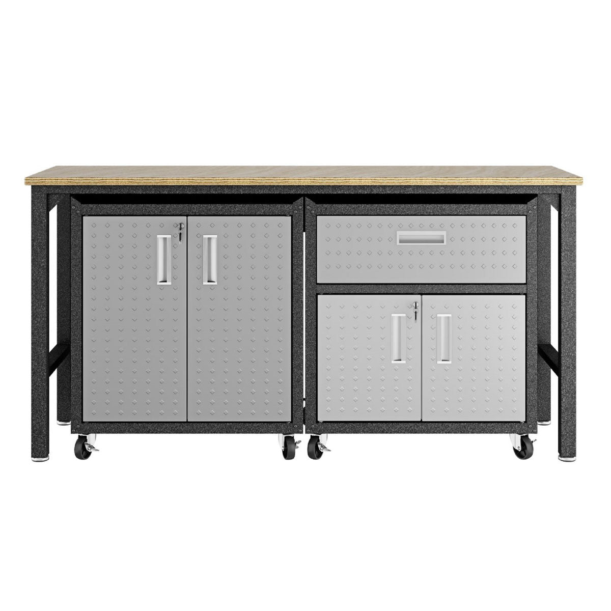 Garage Cabinet Sets with 2-door shelf unit, 1-drawer storage, rolling casters, and wood workbench top in gray steel__DarkGray