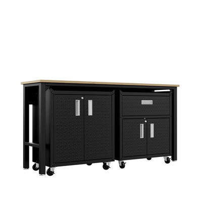 Garage Cabinet Sets with 3-piece black steel design, wood top worksurface, 2 shelved cabinets, 1 drawer, rolling casters__CharcoalGray