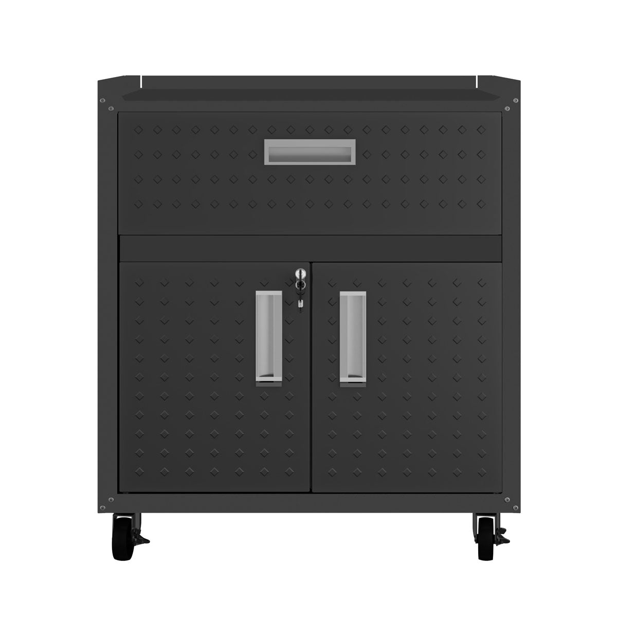 Garage Cabinet Sets with diamond-plate textured steel, top drawer, double locking doors, and heavy-duty caster wheels__CharcoalGray