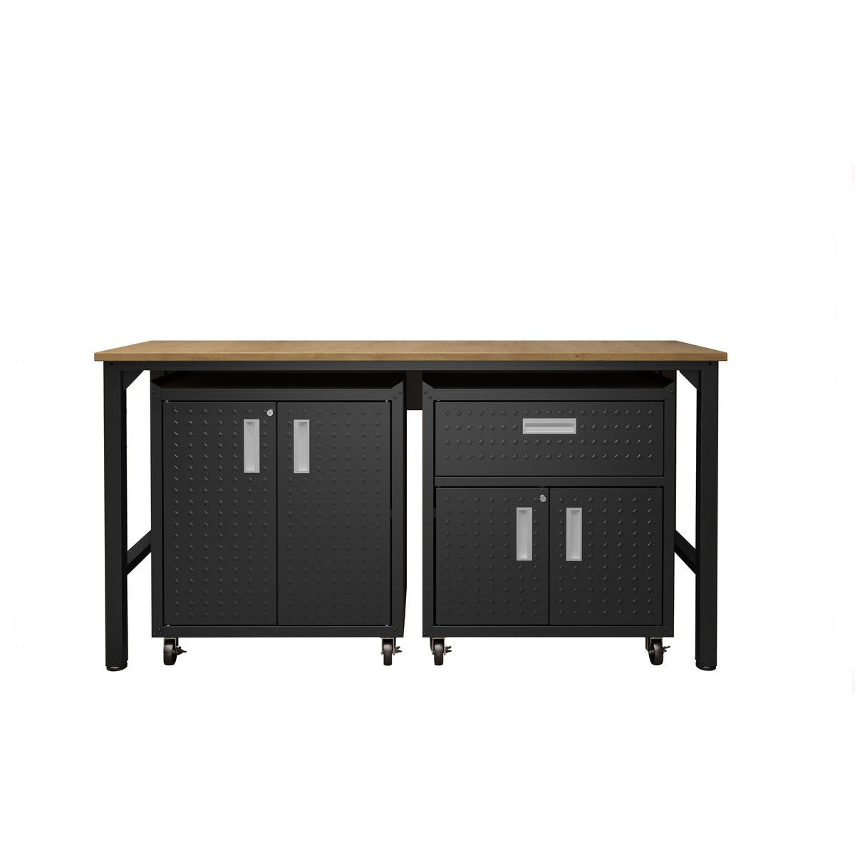 Garage Cabinet Sets with wood-top workbench, dual rolling cabinets featuring 2 shelves and 1 drawer in charcoal black__CharcoalGray