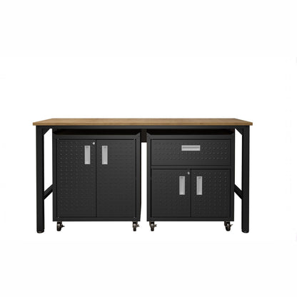 Garage Cabinet Sets with wood-top workbench, dual rolling cabinets featuring 2 shelves and 1 drawer in charcoal black__CharcoalGray