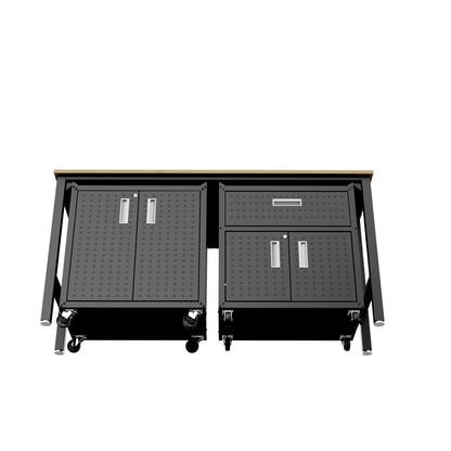 Garage Cabinet Sets with 2 rolling shelved units and 1 drawer cabinet topped with a wood workbench surface__CharcoalGray