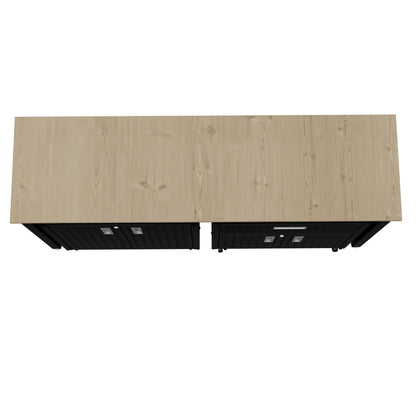 Garage Cabinet Sets with light wood tabletop and black metal base featuring drawers and vented panels, top view__CharcoalGray