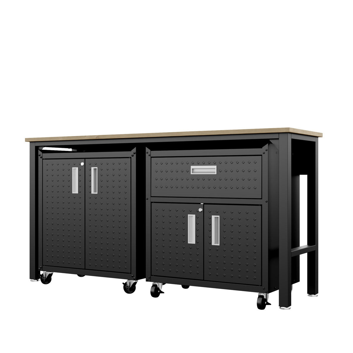 Garage Cabinet Sets with 2 shelved units and 1 drawer, dark metal finish, wood top, caster wheels for mobility__CharcoalGray