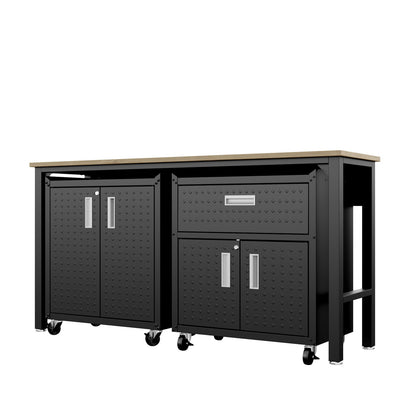 Garage Cabinet Sets with 2 shelved units and 1 drawer, dark metal finish, wood top, caster wheels for mobility__CharcoalGray