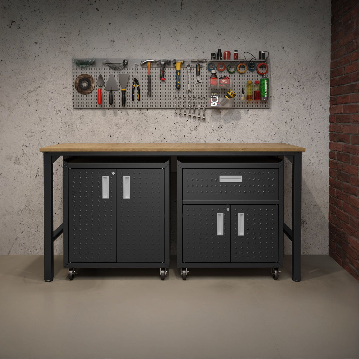 Garage Cabinet Sets with workbench, two rolling metal storage units, diamond-plate doors, and pegboard tool wall in workshop__CharcoalGray