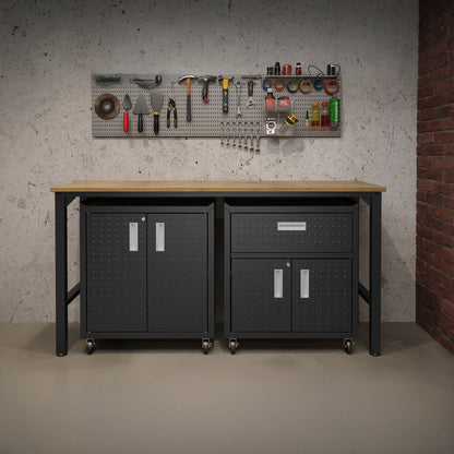 Garage Cabinet Sets with workbench, two rolling metal storage units, diamond-plate doors, and pegboard tool wall in workshop__CharcoalGray