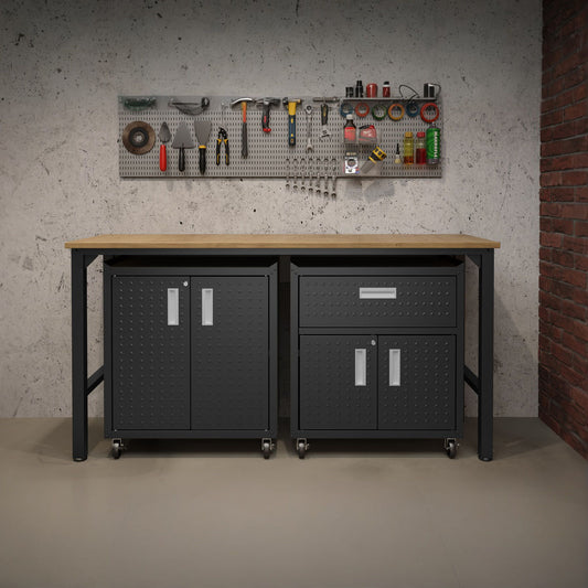 3-Piece Garage Cabinets, 2 Shelf + 1 Drawer Storage in a modern garage workspace.