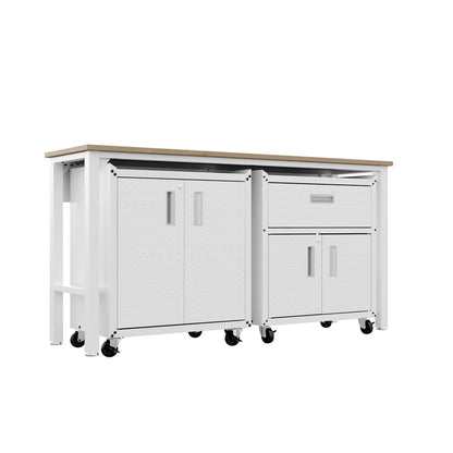 Garage Cabinet Sets with wood-top workbench, two rolling white steel cabinets featuring drawers and shelving on casters__White