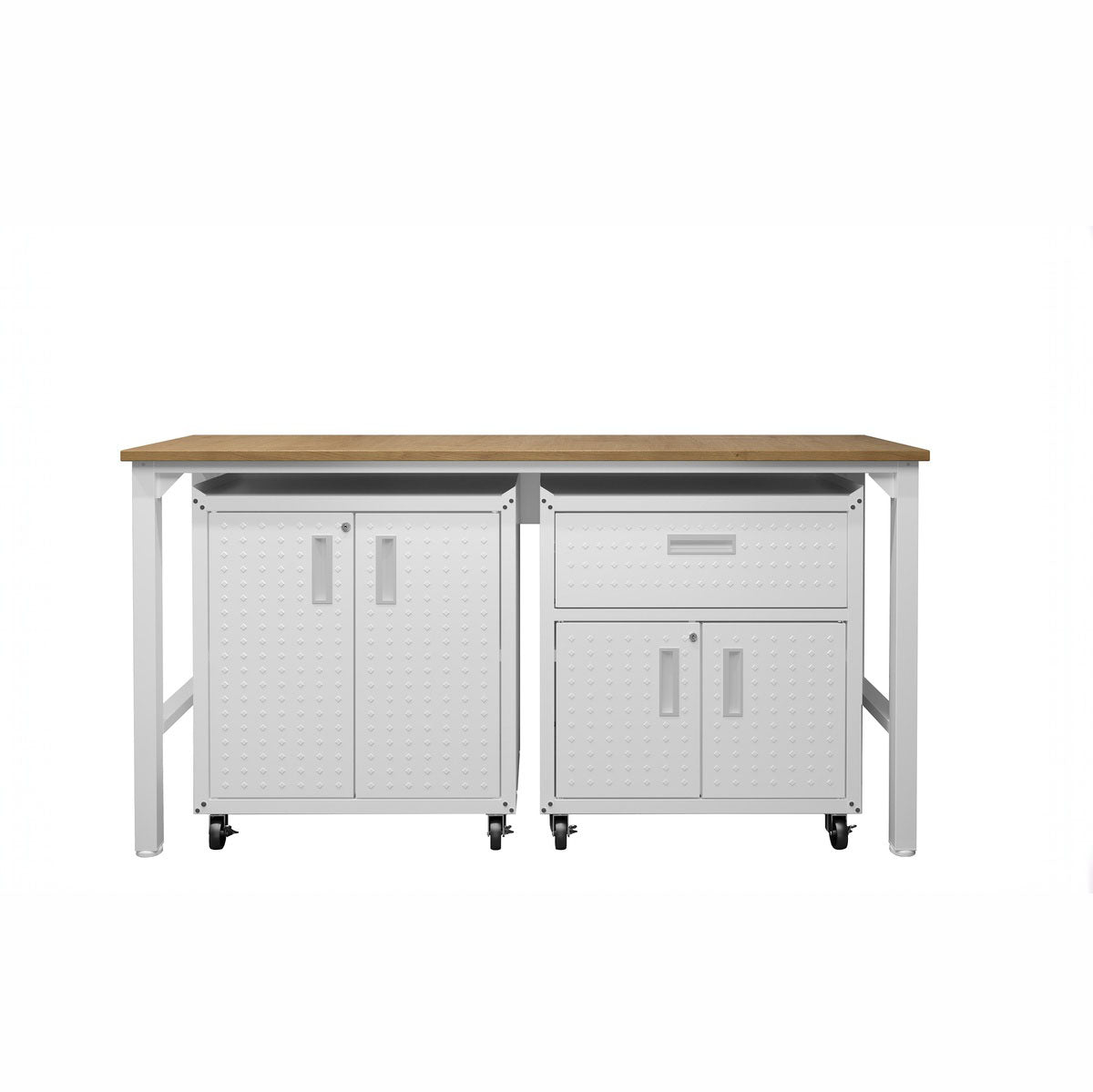 Garage Cabinet Sets with wood-top workbench, white rolling 2-door cabinet and drawer unit on casters__White