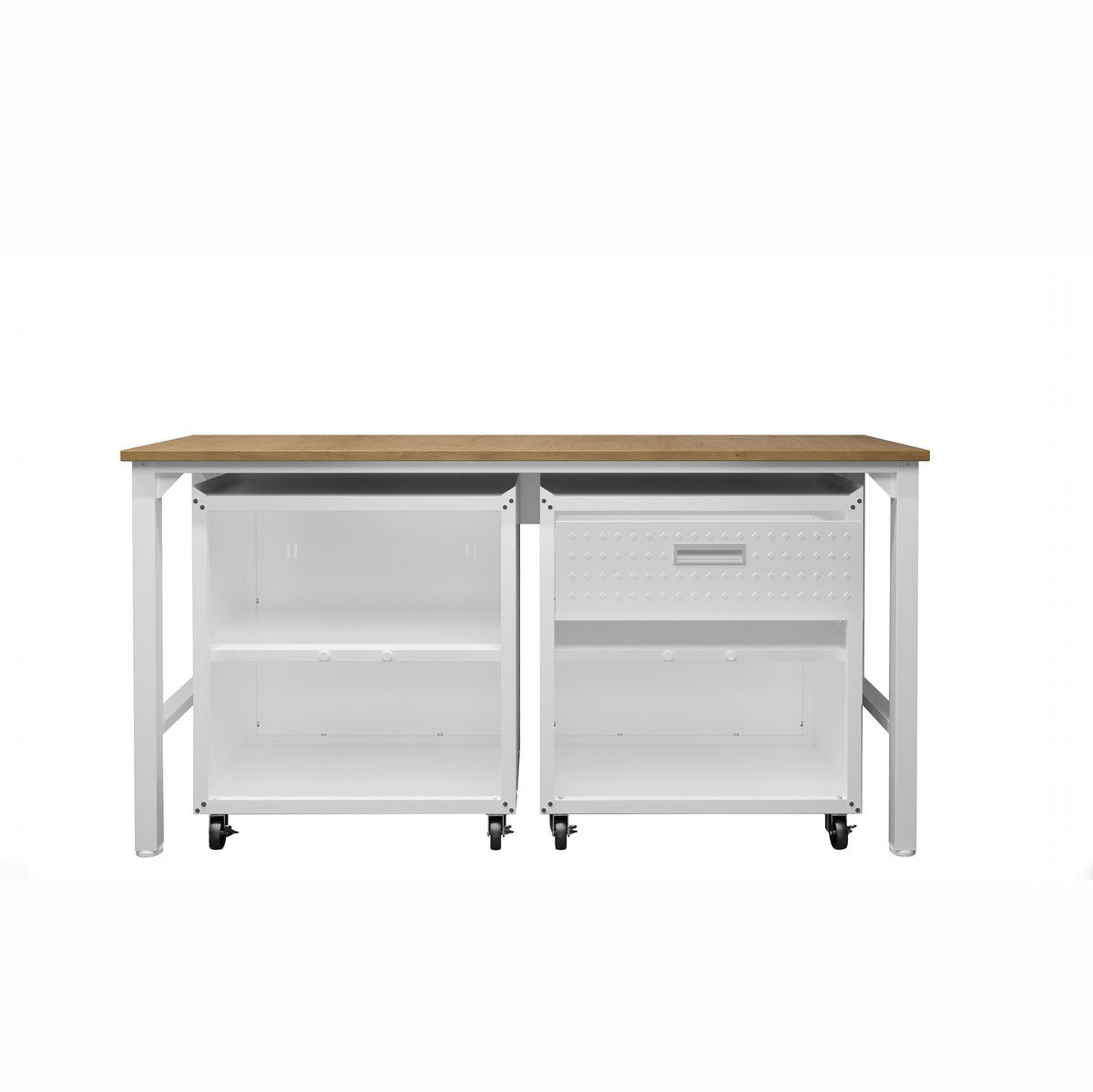 Garage Cabinet Sets with wood-top workbench, open shelving unit and drawer cabinet on casters, white finish__White