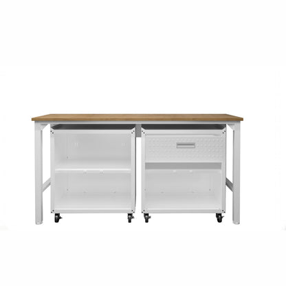 Garage Cabinet Sets with wood-top workbench, open shelving unit and drawer cabinet on casters, white finish__White