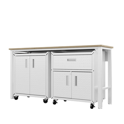 Garage Cabinet Sets with white rolling cabinets, wood-top workbench, 2 shelved doors, and 1 drawer for organized storage__White