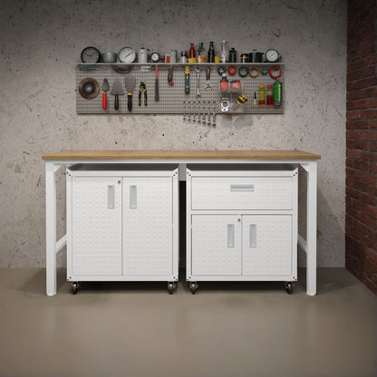 Garage Cabinet Sets with workbench, pegboard tools, white rolling cabinets, drawer storage in industrial workshop setting__White