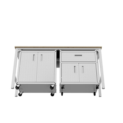 Garage Cabinet Sets with white rolling cabinets, wood-top workbench, 2 shelved doors and 1 drawer for organized storage__White