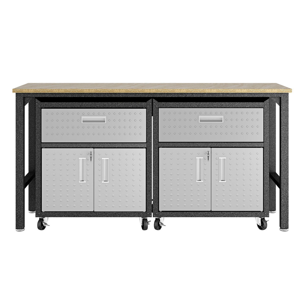 Garage Cabinet Sets with wood top workbench, 2 drawers, double-door cabinets on casters, gray steel finish__DarkGray