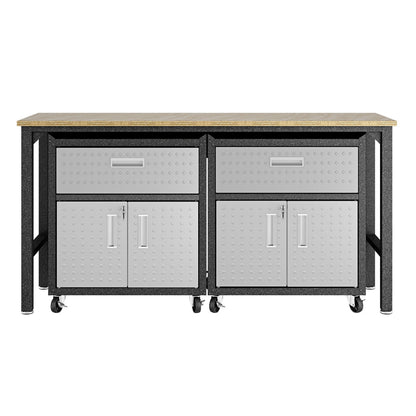 Garage Cabinet Sets with wood top workbench, 2 drawers, double-door cabinets on casters, gray steel finish__DarkGray