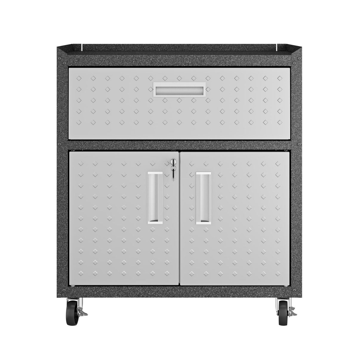 Garage Cabinet Sets rolling unit with diamond-textured doors, locking double doors, top drawer, and heavy-duty casters__DarkGray