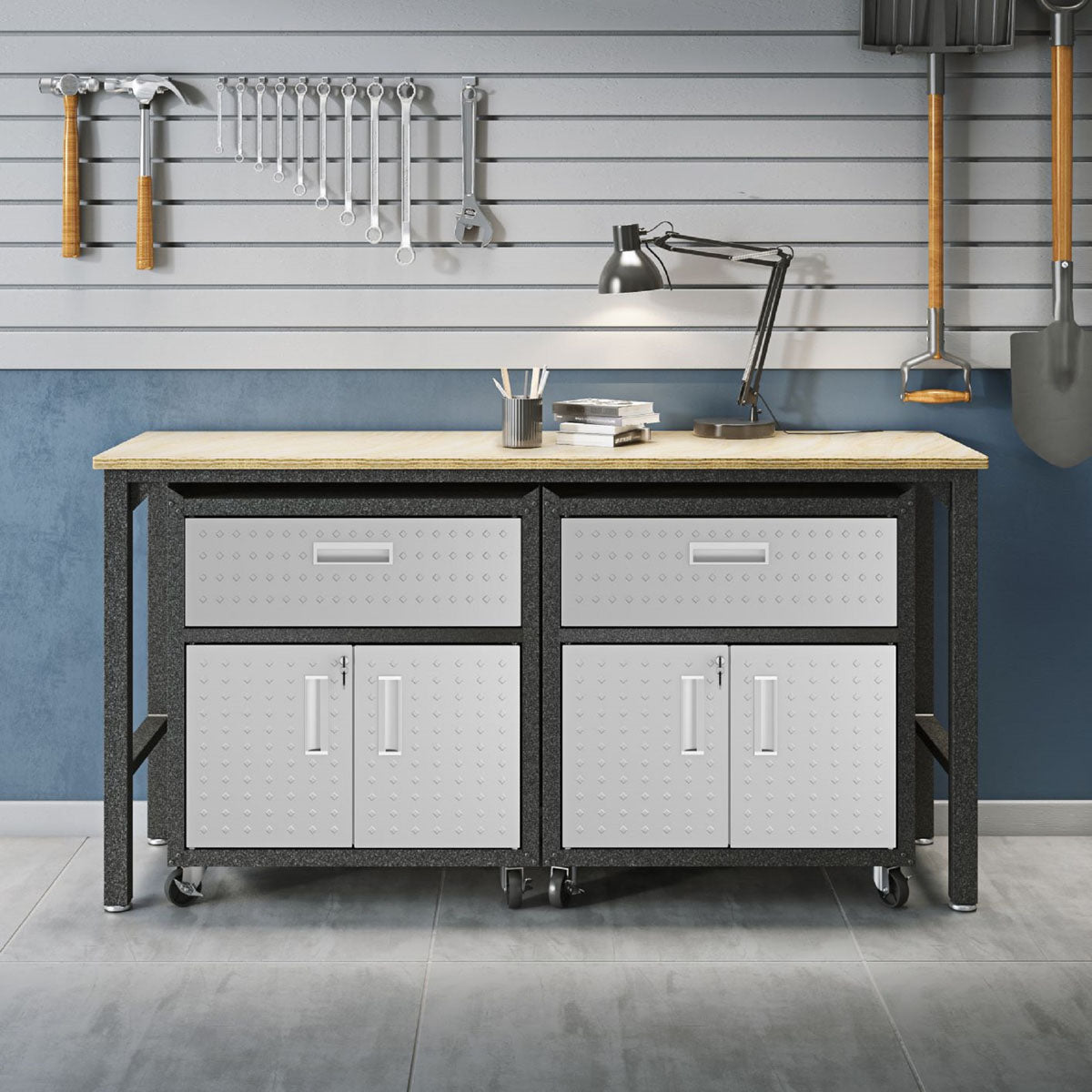 Garage Cabinet Sets with 2 drawers, 2 doors, wood top workbench on wheels, tools and lamp in organized garage__DarkGray