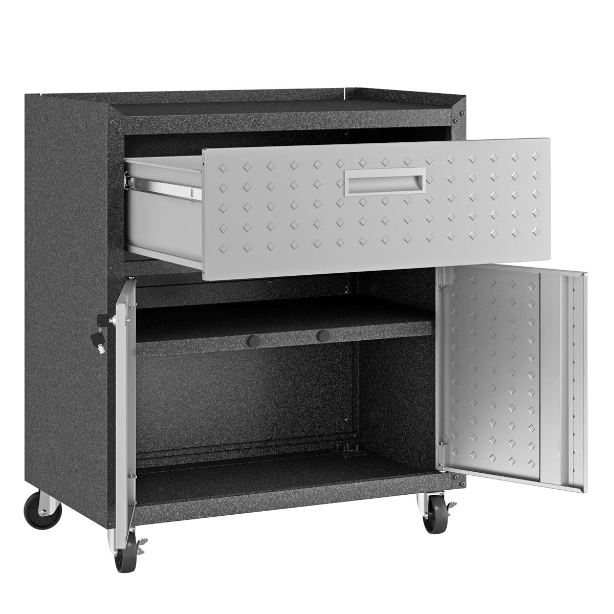 Garage Cabinet Sets mobile unit with open diamond-plate drawer and double doors revealing adjustable shelving on locking casters__DarkGray