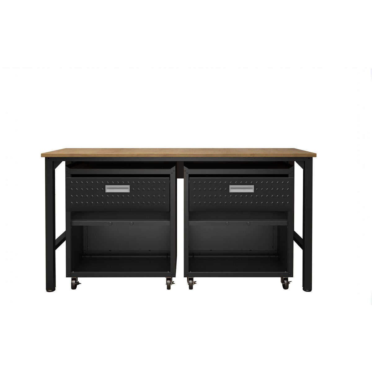 Garage Cabinet Sets with wood top workbench, 2 rolling storage units featuring drawers and open shelves__CharcoalGray
