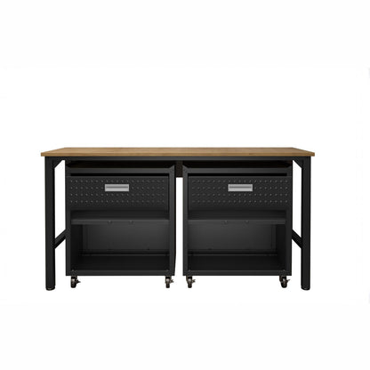 Garage Cabinet Sets with wood top workbench, 2 rolling storage units featuring drawers and open shelves__CharcoalGray