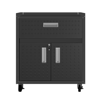 Garage Cabinet Sets steel unit with diamond-plate texture, top drawer, double locking doors, and rolling casters__CharcoalGray