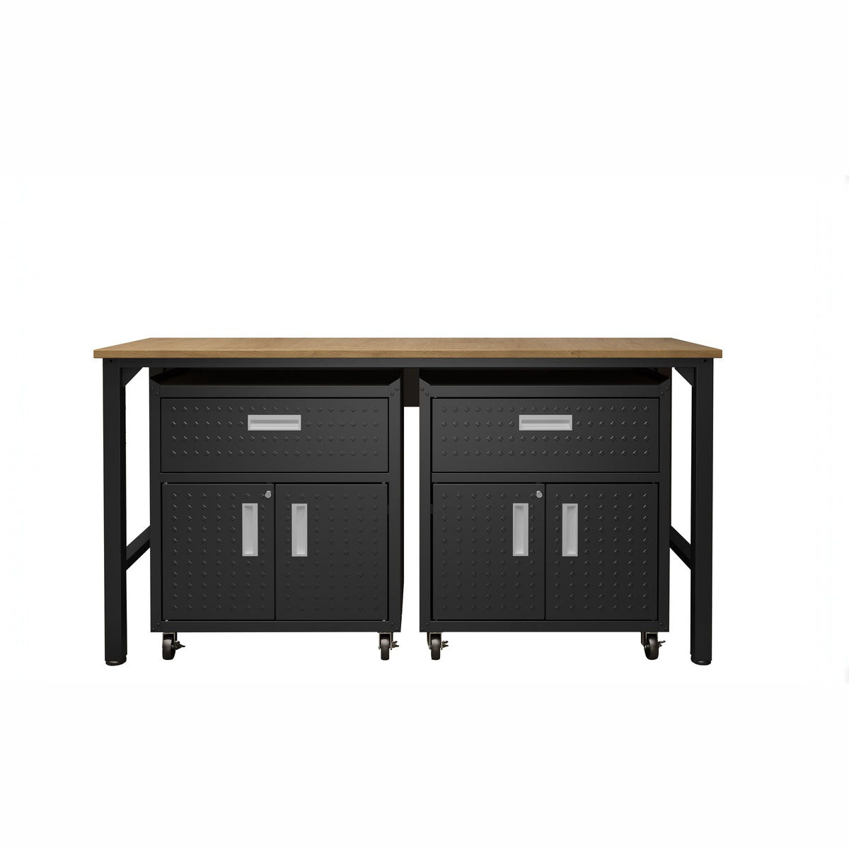 Garage Cabinet Sets with wooden workbench top, 2 black rolling cabinets featuring drawers and double doors__CharcoalGray