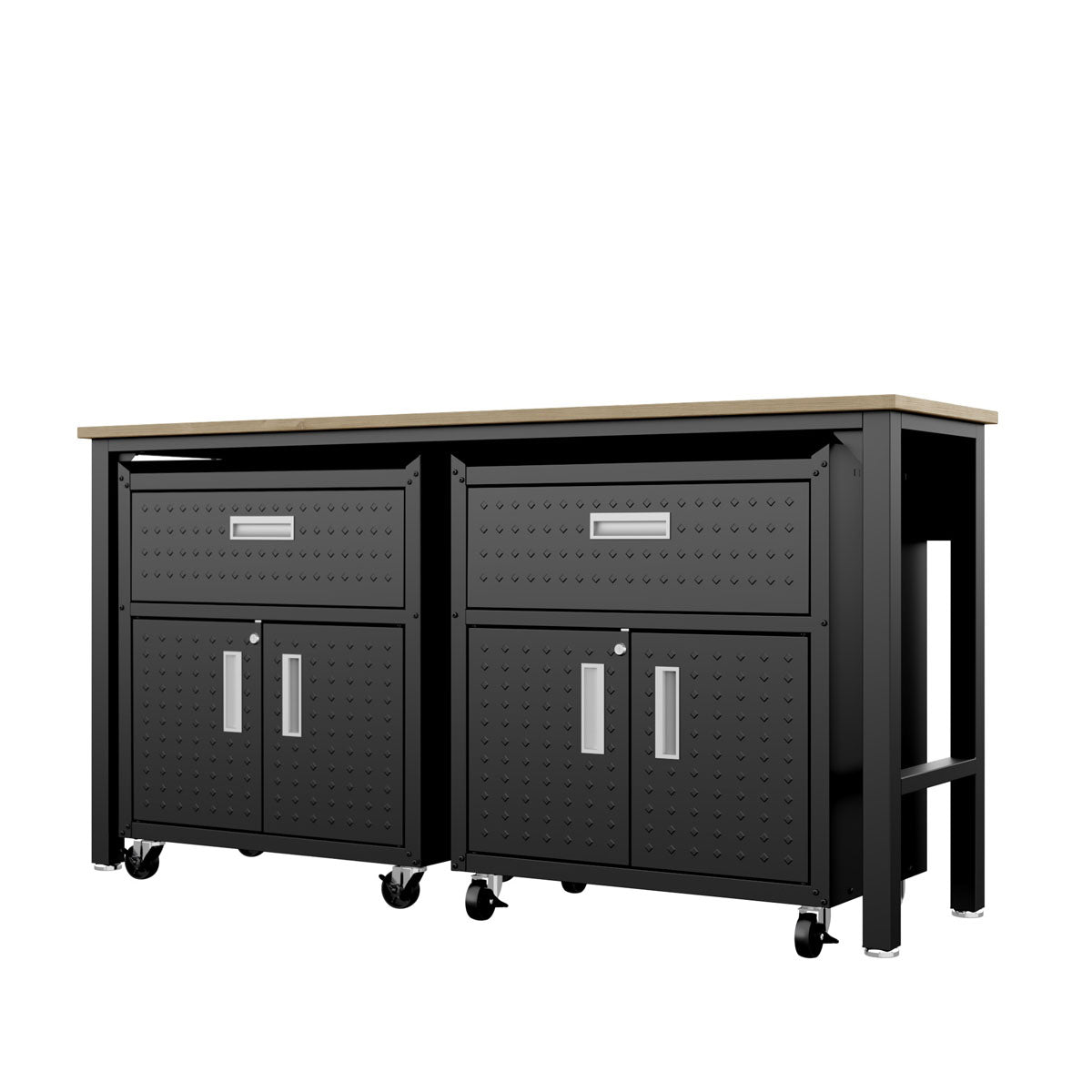 Garage Cabinet Sets with 2 rolling metal cabinets, drawers, double doors, and a shared wood workbench top__CharcoalGray