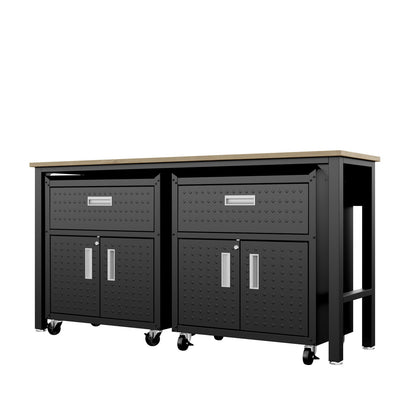Garage Cabinet Sets with 2 rolling metal cabinets, drawers, double doors, and a shared wood workbench top__CharcoalGray