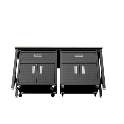 Garage Cabinet Sets with 2 rolling dark gray metal cabinets, drawers, double doors, and shared wood workbench top__CharcoalGray