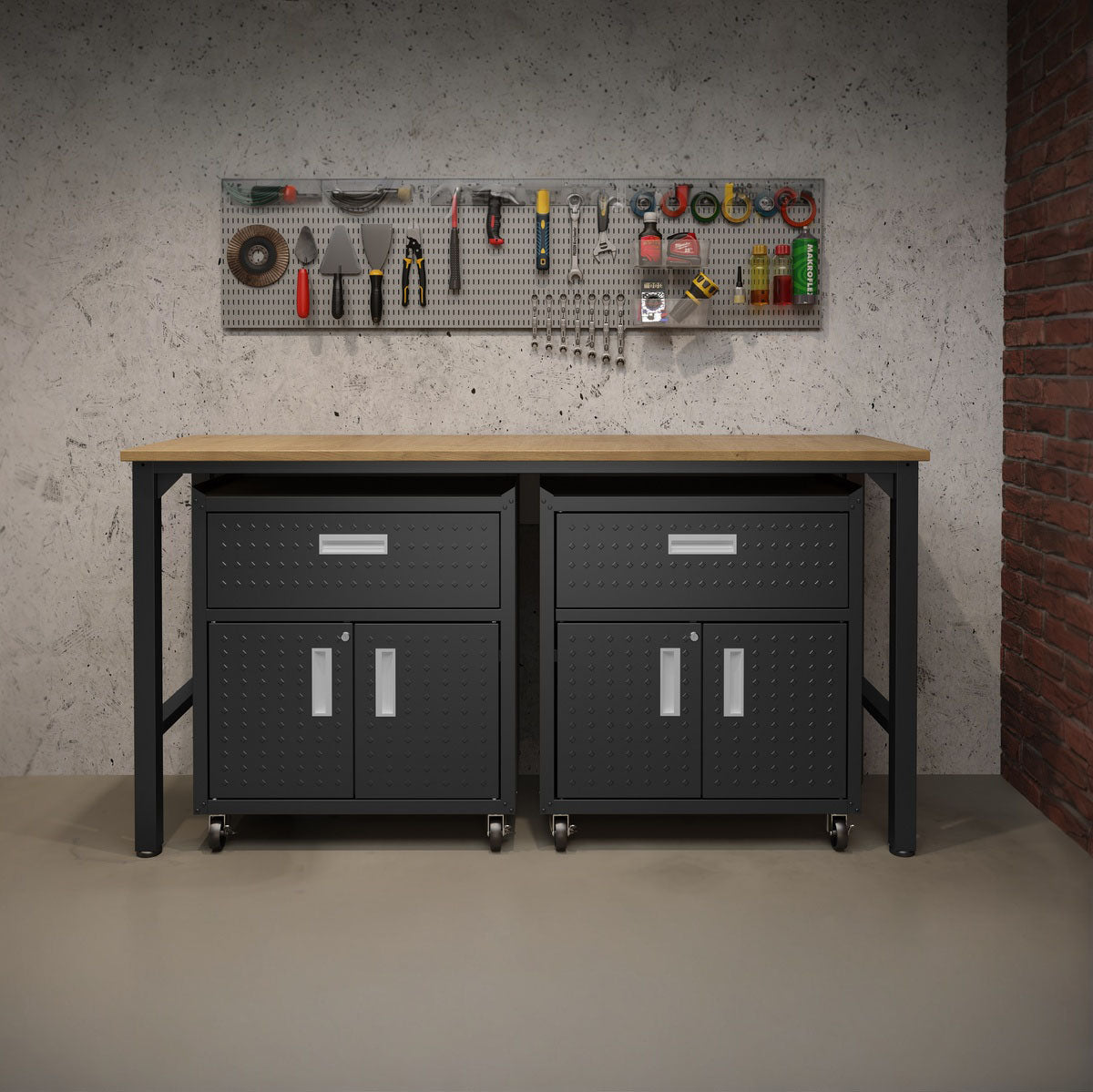 Garage Cabinet Sets with 2 dark metal rolling cabinets, drawers, and wood-top workbench, pegboard tool wall above.__CharcoalGray