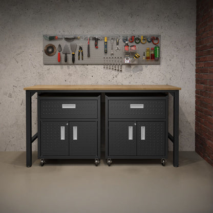 Garage Cabinet Sets with 2 dark metal rolling cabinets, drawers, and wood-top workbench, pegboard tool wall above.__CharcoalGray