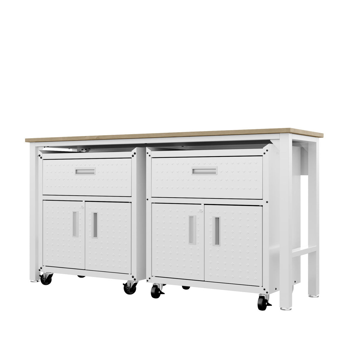 Garage Cabinet Sets with wood top workbench, 2 white rolling cabinets featuring drawers and double doors on casters__White