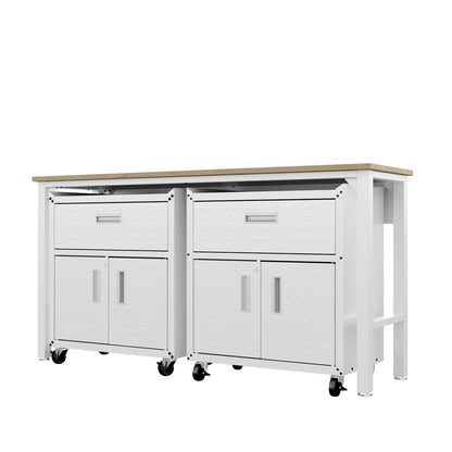 Garage Cabinet Sets with wood top workbench, 2 white rolling cabinets featuring drawers and double doors on casters__White