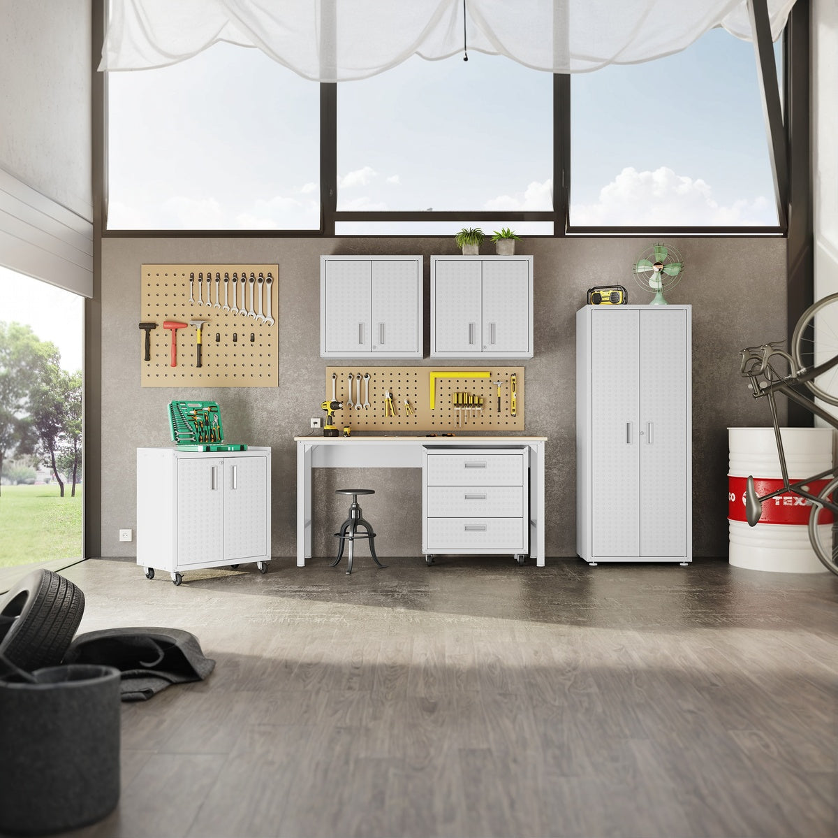 Garage Cabinet Sets with workbench, pegboard tools, white 3-piece cabinets, 2 shelves and 2 drawers in modern garage__White