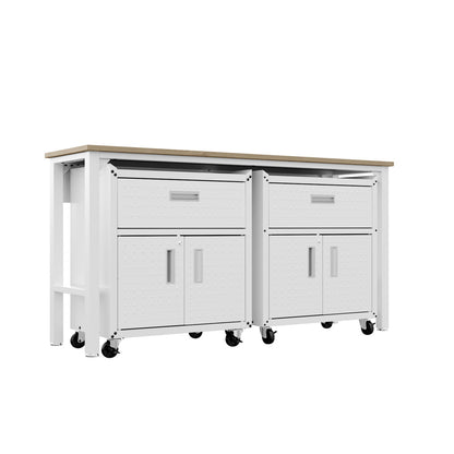 Garage Cabinet Sets with 2 drawers, 2 doors, wood-top worktable on wheels, white steel finish, modular 3-piece system__White