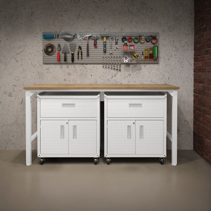 Garage Cabinet Sets with workbench, 2 white rolling cabinets, drawers, pegboard tool storage in modern garage workshop__White