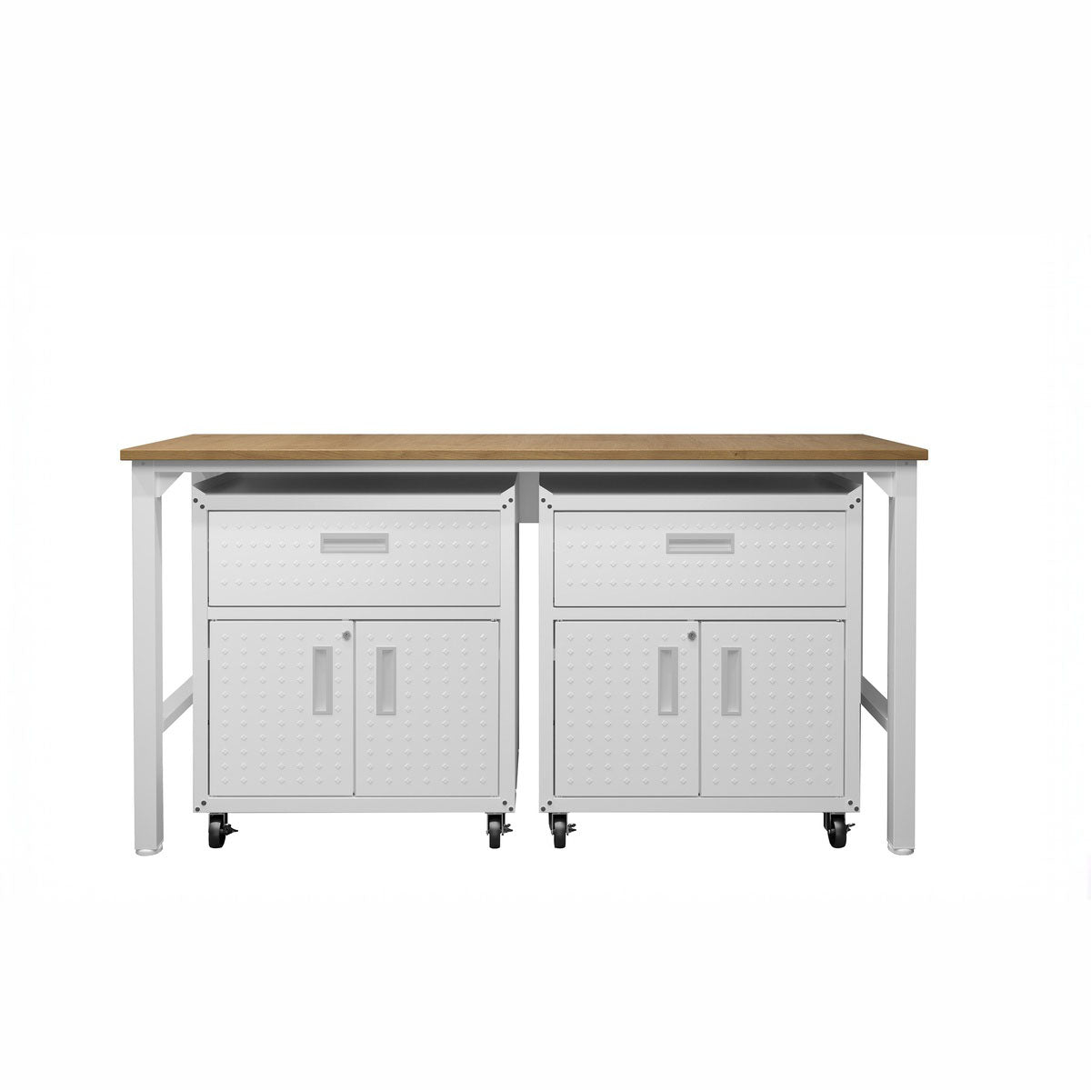 Garage Cabinet Sets with 2 white rolling cabinets, drawers, double doors, and a shared wood-top workbench__White