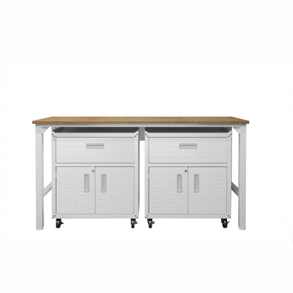 Garage Cabinet Sets with 2 white rolling cabinets, drawers, double doors, and a shared wood-top workbench__White