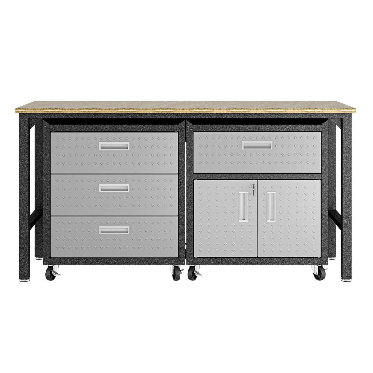 Garage Cabinet Sets with 3-piece steel unit, 3 drawers, 1 door cabinet, wood worktop, and rolling casters for mobility__DarkGray